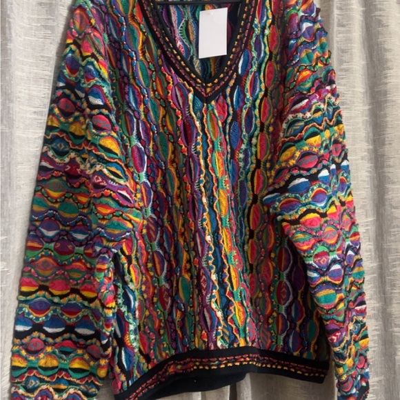 COOGI Red and Pink V-Neck Sweater with Artistic Flair - Picture 1 of 3